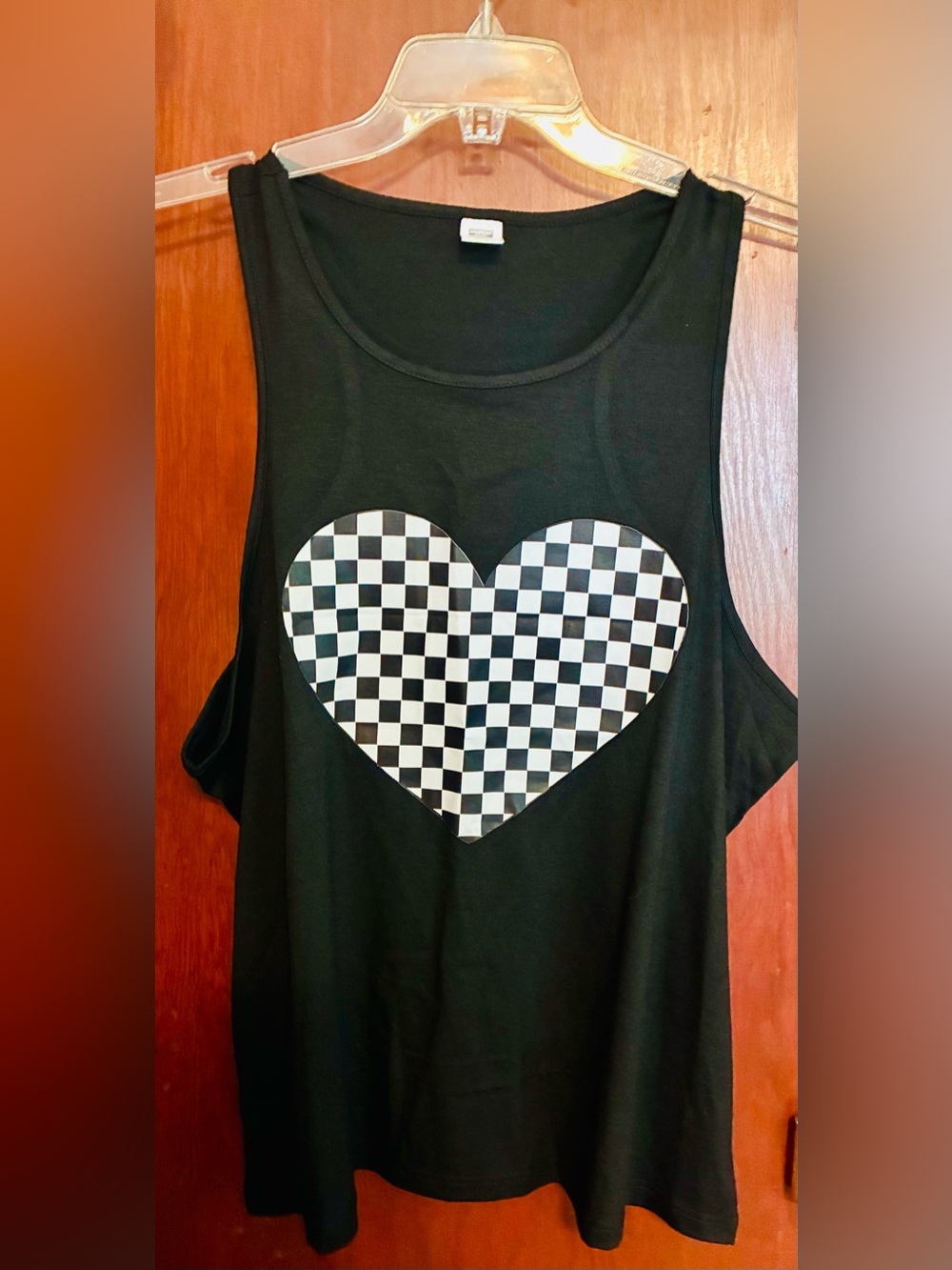 Black Tank Top with Checkerboard Heart Graphic